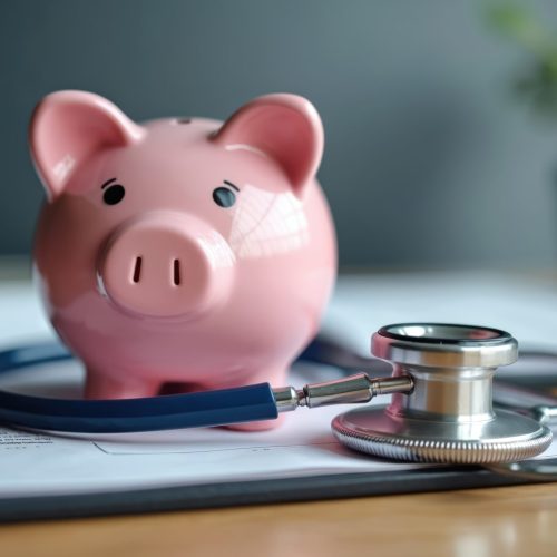 Piggy bank, stethoscope on paper. Financial health check, insurance concept. Savings, budget medical care cost, health safety, trust service, protection, guarantee, policy prevention wellness